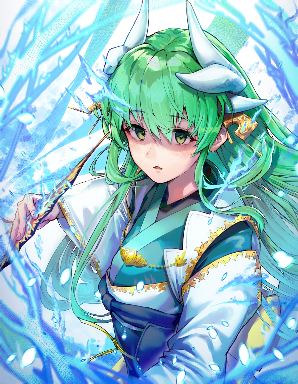 1girl bangs black_cola breasts dragon_girl dragon_horns fate/grand_order fate_(series) folding_fan green_hair hand_fan highres horns japanese_clothes kimono kiyohime_(fate) long_hair long_sleeves looking_at_viewer medium_breasts multiple_horns obi parted_lips sash shaded_face wide_sleeves yellow_eyes