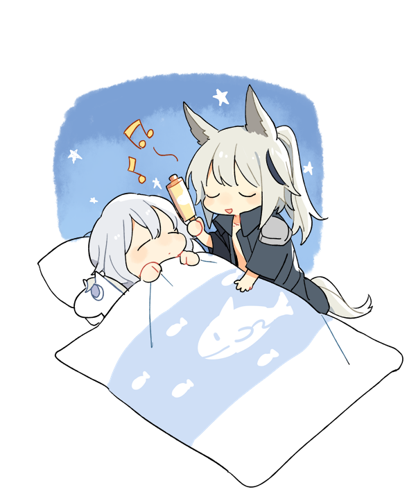 2girls animal_ears arknights bangs closed_eyes d.y.x. doll grani_(arknights) grey_hair hair_between_eyes horse_ears horse_girl horse_tail long_hair lullaby multiple_girls open_mouth ponytail silver_hair simple_background skadi_(arknights) sleeping tail unicorn white_background