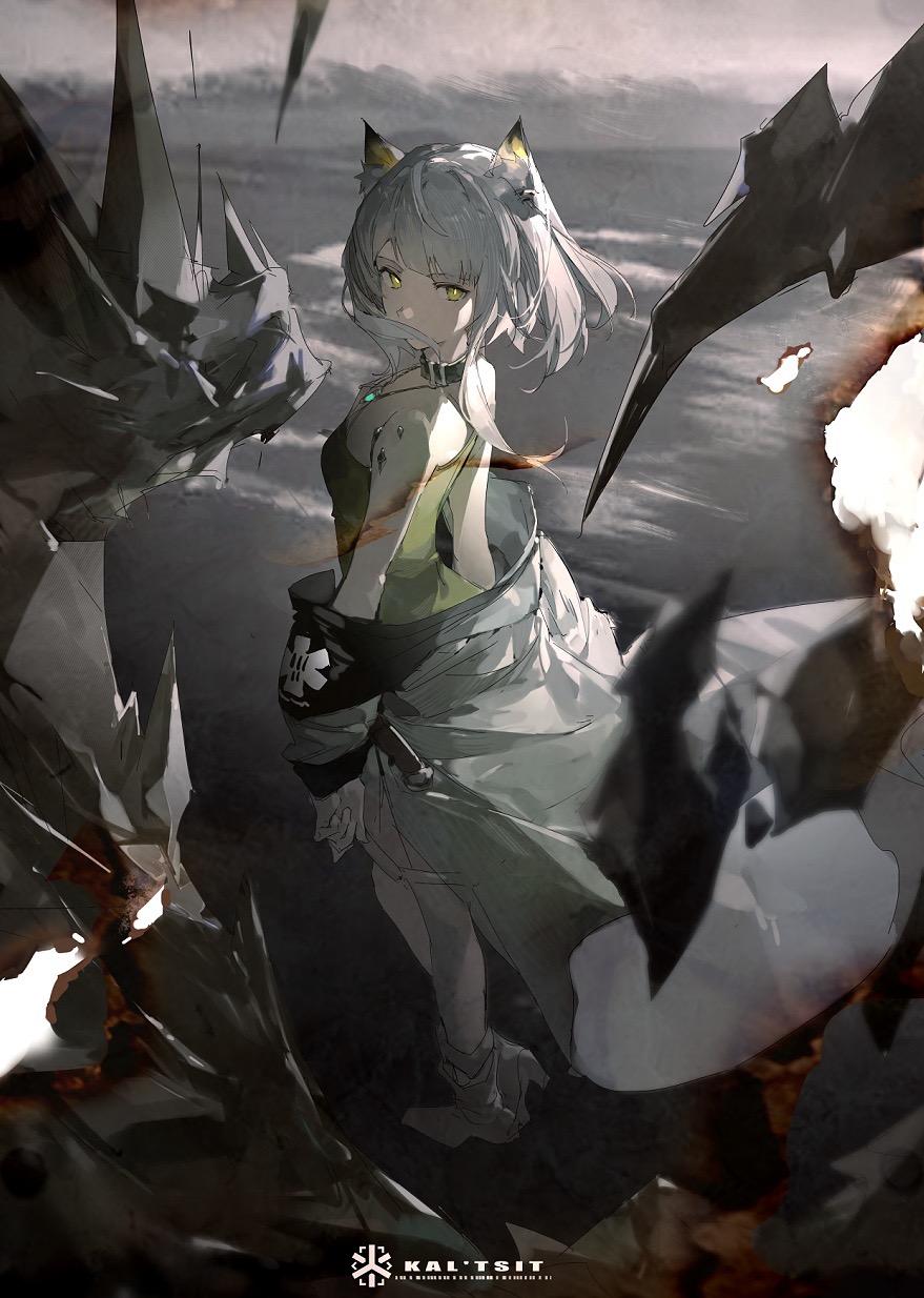 1girl animal_ears arknights burnt cat_ears character_name coat collar dress green_dress green_eyes grey_background hair_over_mouth highres jewelry kagura_tohru kal'tsit_(arknights) looking_at_viewer mon3tr_(arknights) necklace off-shoulder_dress off_shoulder oripathy_lesion_(arknights) outdoors short_hair solo_focus white_coat white_hair