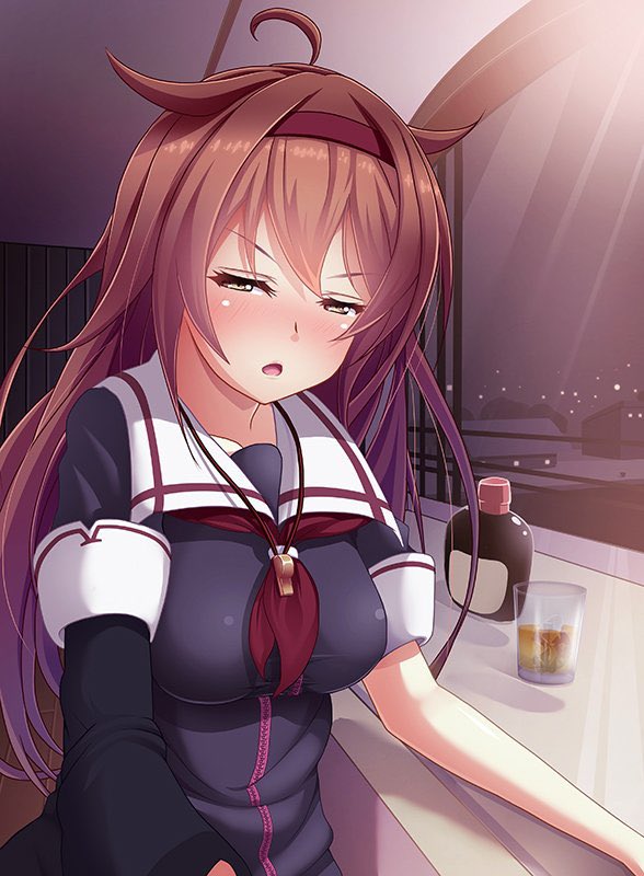 1girl ahoge alcohol asymmetrical_sleeves bangs black_jacket blush breasts brown_eyes brown_hair collarbone drunk hair_flaps headband indoors jacket kantai_collection large_breasts long_hair looking_at_viewer night open_mouth remodel_(kantai_collection) rumachi sailor_collar school_uniform serafuku shiratsuyu_(kancolle) solo uneven_sleeves upper_body whistle window zipper