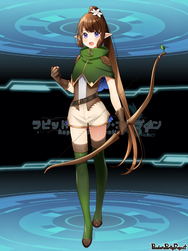 1girl :o belt bow_(weapon) brown_gloves brown_hair capelet clenched_hand copyright_name flower full_body gloves green_capelet hair_flower hair_ornament haritoyomimasu holding holding_bow_(weapon) holding_weapon long_hair looking_at_viewer pandora_party_project pointy_ears ponytail sidelocks standing tachi-e very_long_hair violet_eyes weapon