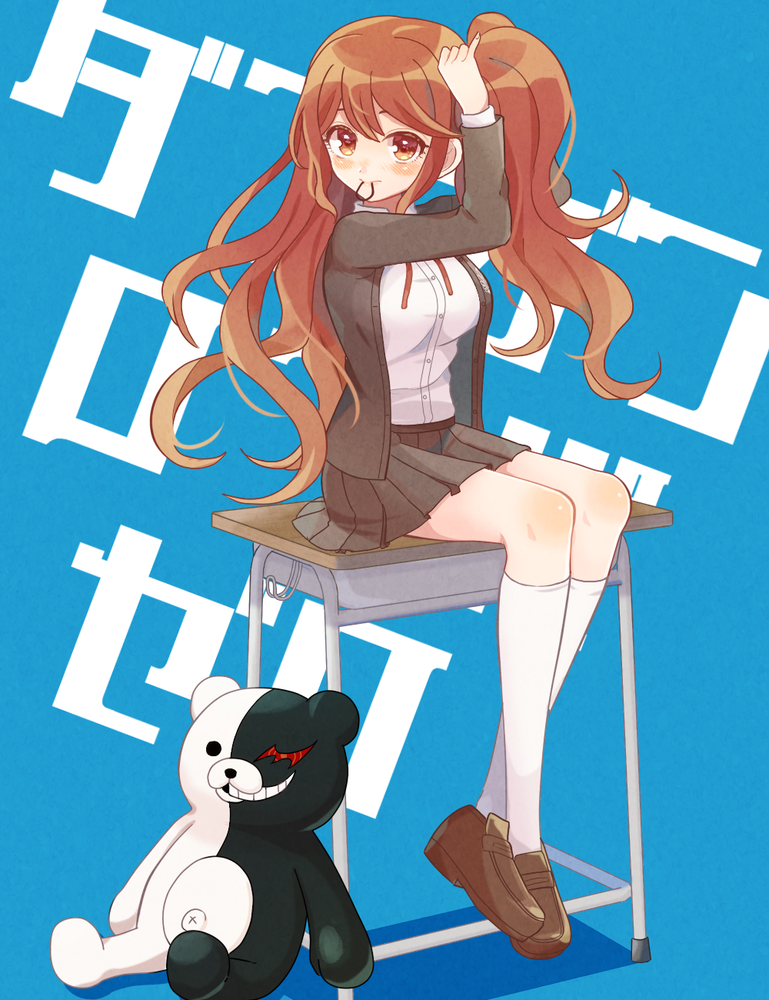 1girl bangs blue_background blush breasts brown_eyes brown_hair brown_jacket brown_skirt commentary_request dangan_ronpa/zero dangan_ronpa_(series) desk dress_shirt full_body grey_shirt hair_tie_in_mouth hand_up jacket keroro7 kneehighs loafers long_hair long_sleeves looking_at_viewer monokuma mouth_hold neck_ribbon open_clothes open_jacket otonashi_ryouko pleated_skirt red_ribbon ribbon school_desk school_uniform shirt shoes simple_background sitting skirt smile solo translation_request tying_hair white_legwear