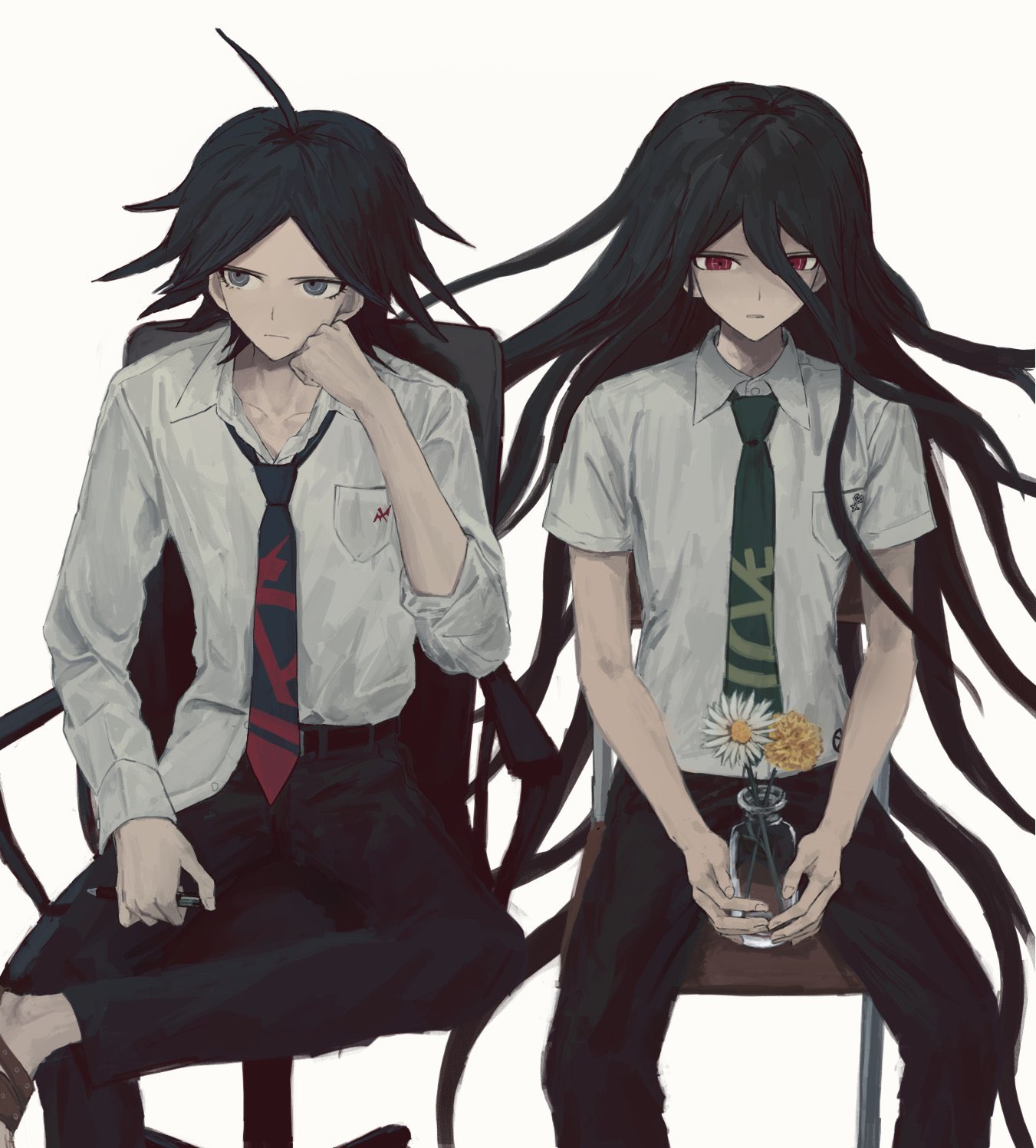 2boys ahoge bangs black_hair black_pants breast_pocket chair cheek_rest commentary_request dangan_ronpa/zero dangan_ronpa_(series) dangan_ronpa_2:_goodbye_despair flower green_neckwear grey_shirt highres hinata_hajime holding holding_pen iumi_urura kamukura_izuru long_hair matsuda_yasuke medium_hair multiple_boys necktie pants pen pocket red_eyes red_neckwear shirt shirt_half_tucked_in simple_background sitting spoilers very_long_hair white_background white_flower yellow_flower