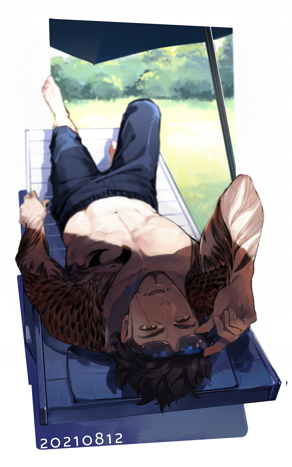 1boy adjusting_eyewear alternate_costume arm_tattoo barefoot brown_hair chair commentary_request dated facial_hair final_fantasy final_fantasy_xv gladiolus_amicitia highres knee_up looking_at_viewer lounge_chair lying male_focus muscular muscular_male navel on_back orange_eyes outdoors scar scar_across_eye shade shirtless smile solo sunglasses tattoo umbrella wavy_hair yuzukarin