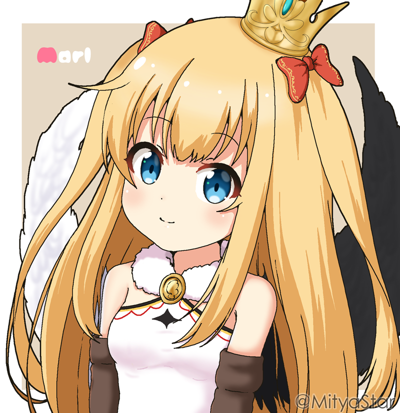 1girl bangs bare_shoulders black_wings blonde_hair blue_eyes bow breasts brown_background character_name closed_mouth commentary_request crown dress eyebrows_visible_through_hair hair_bow long_hair looking_at_viewer maaru_(shironeko_project) miicha mini_crown mismatched_wings red_bow shironeko_project sleeveless sleeveless_dress small_breasts smile solo twitter_username two-tone_background two_side_up upper_body very_long_hair white_background white_dress white_wings wings