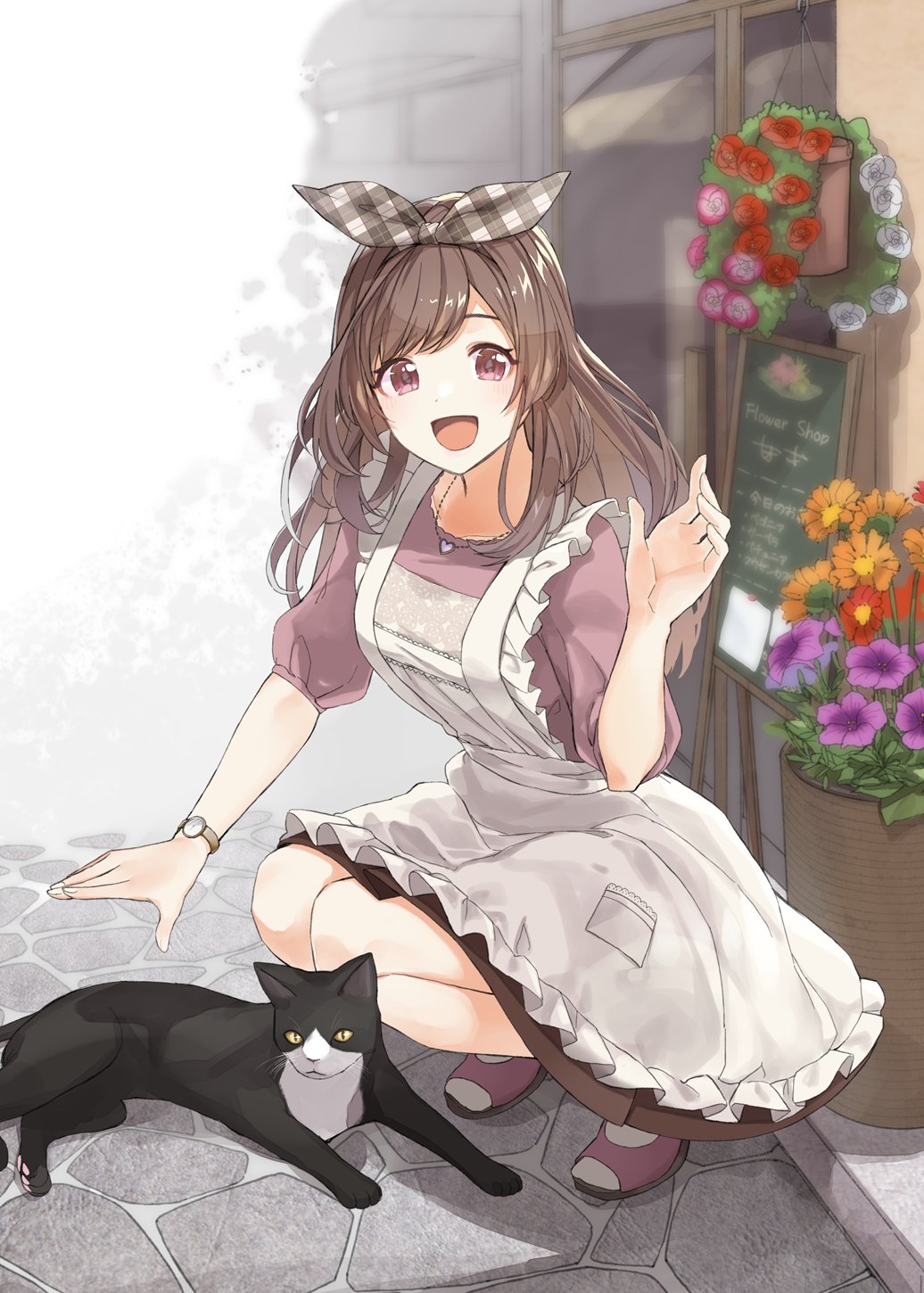 1girl :d apron breasts brown_hair cat flower flower_pot highres idolmaster idolmaster_shiny_colors jewelry large_breasts long_hair looking_at_viewer necklace open_mouth outdoors pekoni_(peconi) road shirt shoes sign skirt smile solo squatting tsukioka_kogane violet_eyes watch watch waving