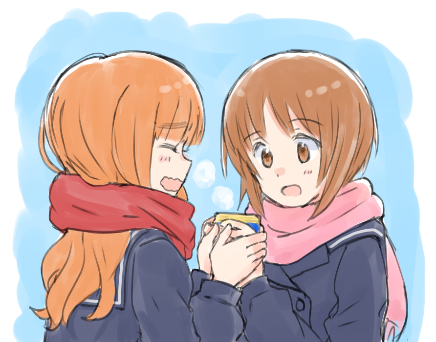 2girls bangs blue_jacket blunt_bangs brown_eyes brown_hair buttons closed_eyes coffee_cup commentary cup disposable_cup double-breasted eyebrows_visible_through_hair fringe_trim girls_und_panzer holding holding_cup holding_hands jacket long_hair looking_at_another multiple_girls mutsu_(layergreen) nishizumi_miho ooarai_school_uniform open_mouth orange_hair pink_scarf red_scarf sailor_collar scarf school_uniform short_hair smile steam takebe_saori winter_clothes winter_uniform