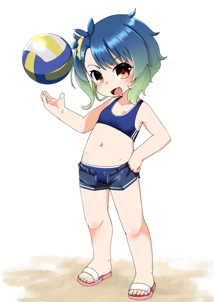 1girl beach_volleyball bikini black_shorts blue_bikini brown_eyes denim denim_shorts fangs fukae_(kancolle) full_body gradient_hair jacket kantai_collection looking_at_viewer midriff multicolored_hair nassukun navel open_clothes open_fly open_jacket sandals short_hair shorts side_ponytail sidelocks simple_background solo sports_bikini swimsuit volleyball white_background