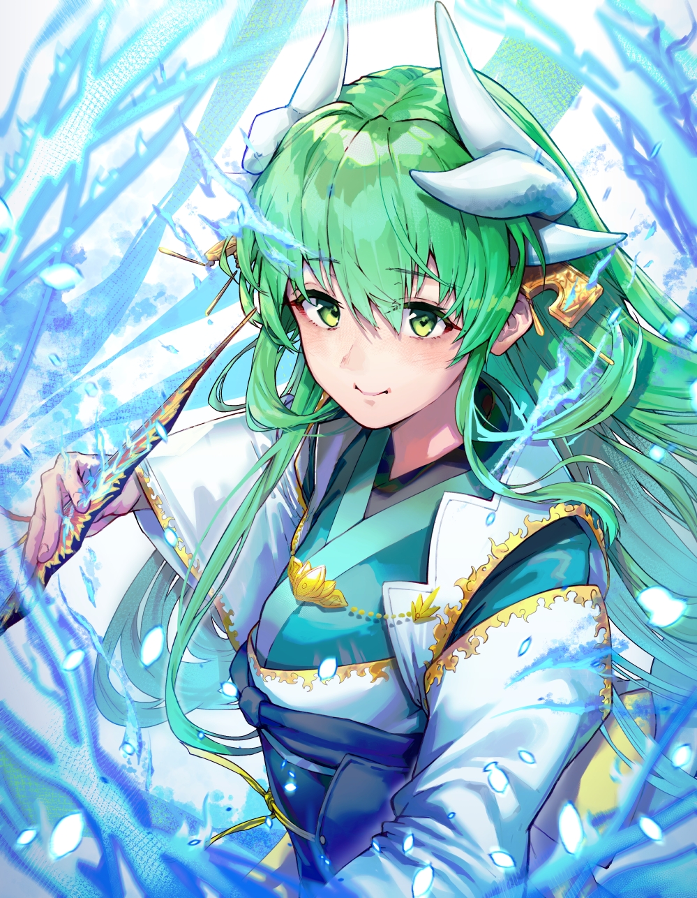 1girl bangs black_cola blush breasts dragon_girl dragon_horns fate/grand_order fate_(series) folding_fan green_hair hand_fan highres horns japanese_clothes kimono kiyohime_(fate) long_hair long_sleeves looking_at_viewer medium_breasts multiple_horns obi sash smile wide_sleeves yellow_eyes