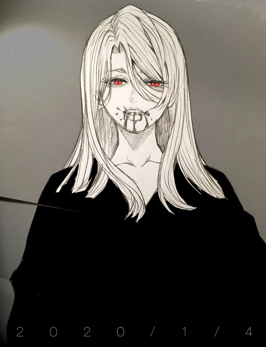 1girl :d blood blood_from_mouth blood_on_face dated hair_between_eyes highres hoshi_san_3 long_hair looking_at_viewer open_mouth original photo_(object) red_eyes smile solo spot_color upper_body vampire