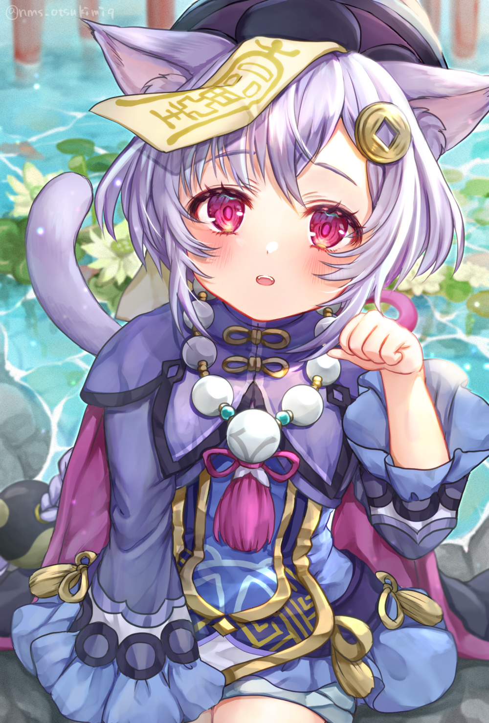 1girl animal_ears bangs bead_necklace beads blurry blush cape cat_ears cat_girl cat_tail chinese_clothes coin_hair_ornament commentary_request depth_of_field eyebrows_visible_through_hair flower genshin_impact hair_between_eyes hat highres jewelry jiangshi kemonomimi_mode long_hair long_sleeves looking_at_viewer necklace ofuda parted_lips paw_pose pond purple_hair qing_guanmao qiqi_(genshin_impact) shorts sidelocks sitting sitting_on_rock solo tail tamaso violet_eyes