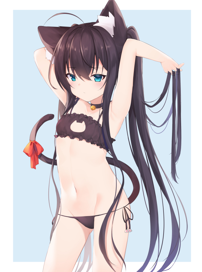 1girl ahoge animal_ear_fluff animal_ears arms_up bangs bare_arms bare_shoulders bell black_bra black_choker black_hair black_panties blue_background blue_eyes blush bow bra breasts cat_cutout cat_ears cat_girl cat_lingerie cat_tail choker cleavage_cutout closed_mouth clothing_cutout commentary_request eyebrows_visible_through_hair frilled_bra frills groin hair_between_eyes jingle_bell long_hair meme_attire navel neck_bell original panties red_bow side-tie_panties small_breasts solo tail tail_bow tail_ornament twintails two-tone_background underwear underwear_only usagimiko very_long_hair white_background