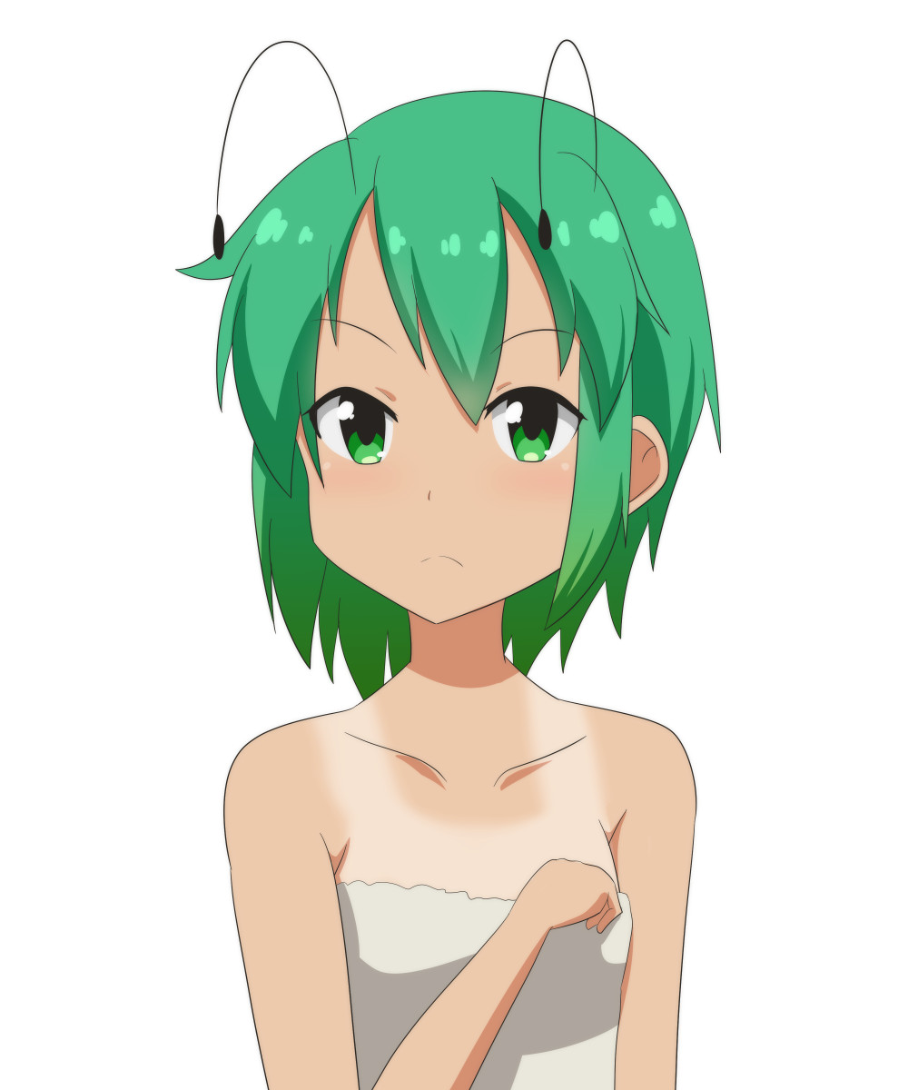 1girl antennae bare_shoulders cato_(monocatienus) collarbone commentary frown green_eyes green_hair highres looking_at_viewer naked_towel short_hair simple_background solo tan tanlines touhou towel upper_body white_background wriggle_nightbug