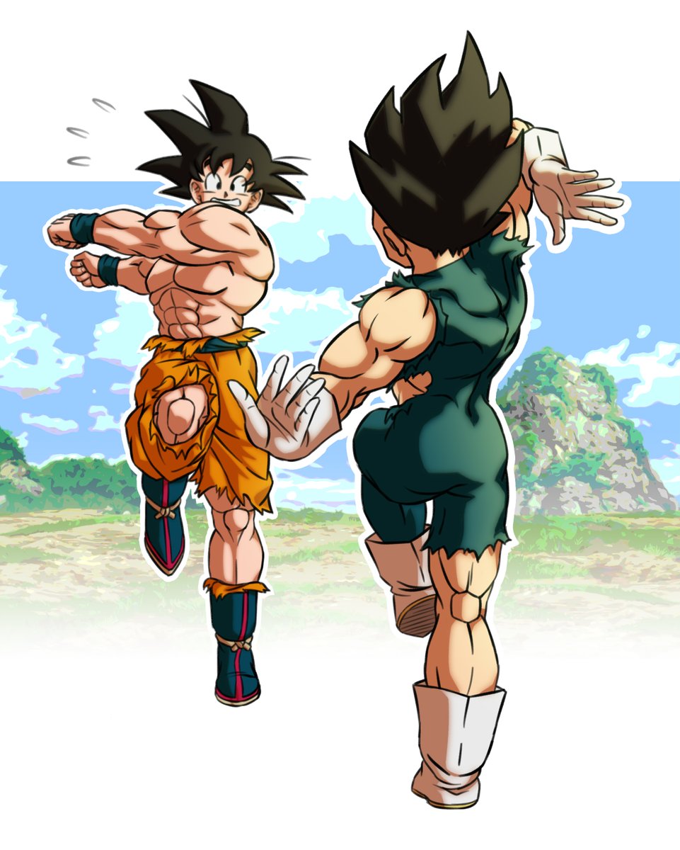 2boys abs ankle_boots arm_at_side arm_behind_head arm_up ass black_bodysuit black_eyes black_hair blue_footwear blue_sky blue_wristband bodysuit boots border clenched_hands clenched_teeth clouds cloudy_sky dancing day dragon_ball dragon_ball_super dragon_ball_super_broly dragon_ball_z facing_away flying_sweatdrops from_behind fusion_dance gloves grass ground highres leg_up mountain multiple_boys muscular muscular_male narrow_waist nervous orange_pants outdoors outline outstretched_arms pants pea-bean pectorals rock rope sidelighting sky smile son_goku spiky_hair standing standing_on_one_leg teeth torn_bodysuit torn_clothes torn_pants vegeta vignetting white_border white_footwear white_gloves white_outline wristband