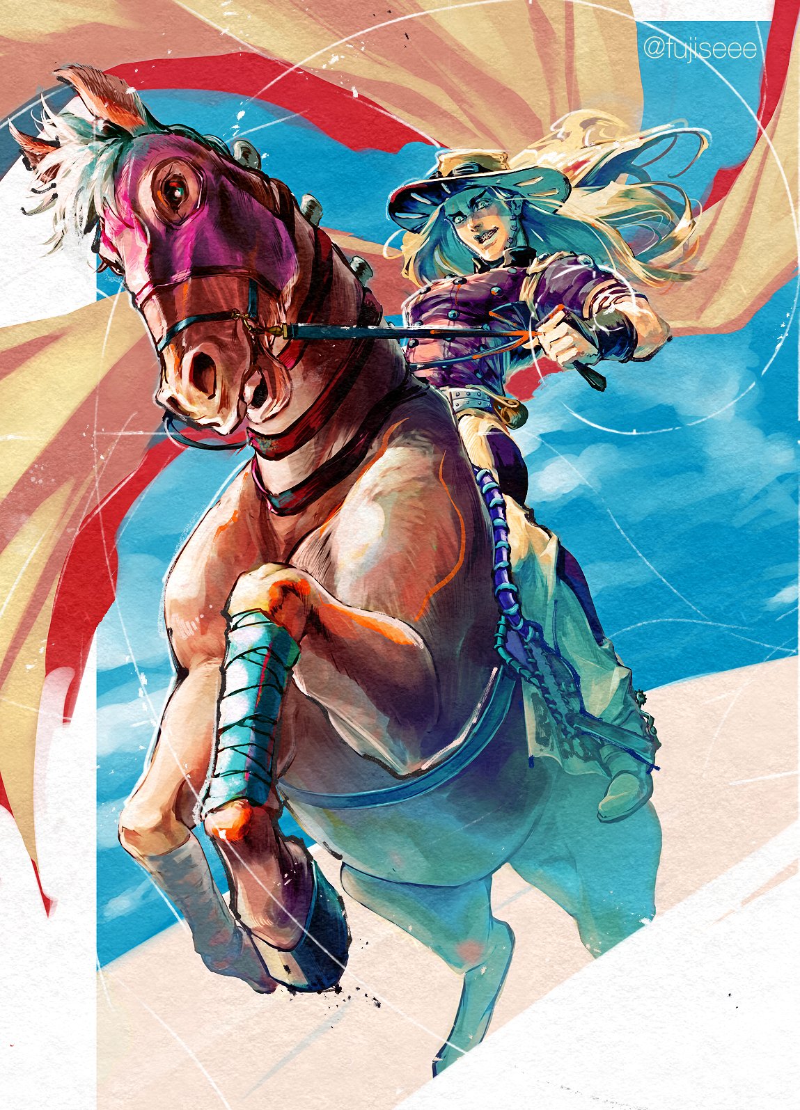 1boy animal artist_name blonde_hair brown_headwear cape clenched_teeth commentary facial_hair floating_hair fujisee goggles goggles_on_headwear golden_spiral green_eyes gyro_zeppeli hat highres holding holding_reins horse horseback_riding jojo_no_kimyou_na_bouken long_hair male_focus rearing reins riding solo spurs steel_ball_run symbol-only_commentary teeth twitter_username