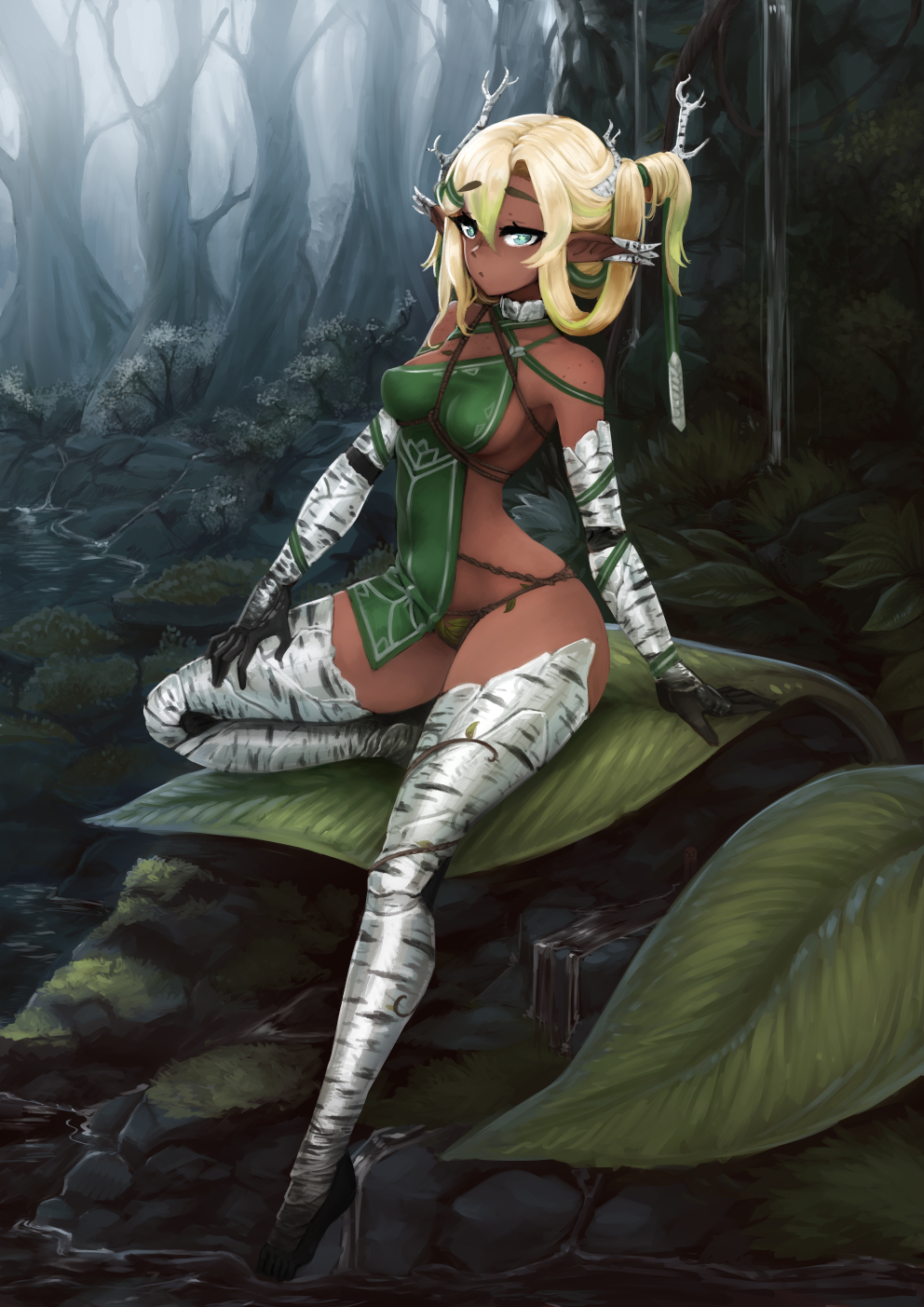 1girl bangs barbariank black_gloves blonde_hair breasts commentary dark-skinned_female dark_skin ear_covers english_commentary eyebrows_visible_through_hair forest full_body gloves grass green_eyes green_hair hair_between_eyes highres horns leaf looking_at_viewer medium_breasts monster_girl multicolored_hair nature original outdoors plant_girl pointy_ears revealing_clothes sitting solo symbol-shaped_pupils thick_eyebrows tree two-tone_hair water