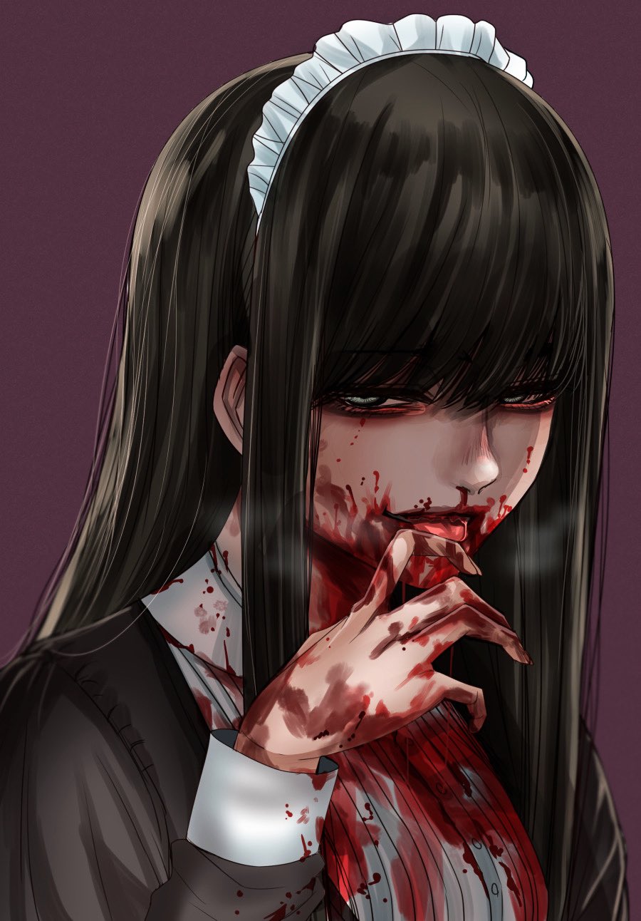 1girl black_dress black_hair blood blood_on_clothes blood_on_face blood_on_hands dress from_side grey_eyes hand_up highres hoshi_san_3 licking licking_finger long_hair long_sleeves looking_at_viewer looking_to_the_side maid maid_headdress nosebleed original red_background simple_background smile solo upper_body