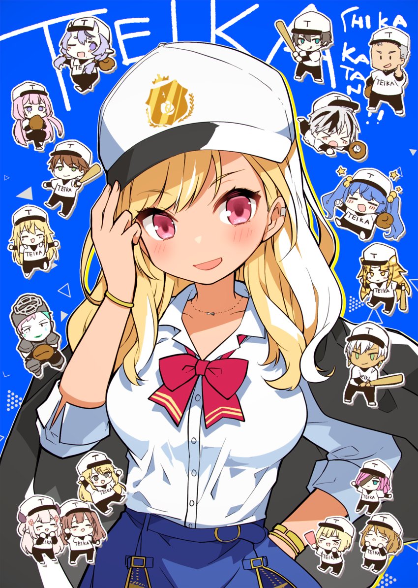 &gt;_&lt; 6+boys 6+girls ^_^ amamiya_kokoro amicia_michella animal_ears animal_print annotated axia_krone baseball_uniform black_hair black_jacket black_pants blonde_hair blue_eyes blue_skirt brown_hair chibi closed_eyes collarbone collared_shirt dark-skinned_male dark_skin derem_kado green_eyes gyaru hair_behind_ear horns ibrahim_(nijisanji) ienaga_mugi jacket joe_rikiichi kamiyoshi_rika lee_roha maimoto_keisuke medium_hair min_suha multicolored_hair multiple_boys multiple_girls nara_haramaung naraka_(nijisanji) nijisanji nijisanji_id nijisanji_kr one_eye_covered oni_horns orange_eyes orange_hair pants pink_eyes pointy_ears purple_hair rindou_mikoto shirt skirt smile solo_focus sportswear streaked_hair suou_sango suzuki_masaru suzuya_aki takamiya_rion tan thumbs_up tiger_ears tiger_girl tiger_print toudou_kohaku twintails virtual_youtuber white_headwear white_shirt