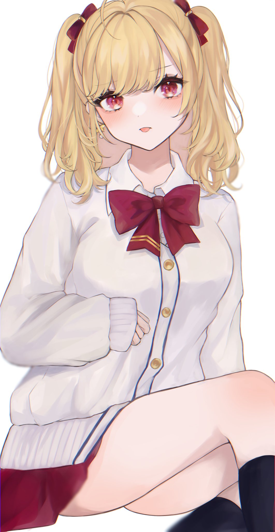 1girl bangs blonde_hair blush bow cardigan collared_shirt commission eyebrows_visible_through_hair highres looking_at_viewer maguro_(minase1684) nijisanji open_mouth red_bow red_eyes red_skirt school_uniform shirt sitting skeb_commission skirt sleeves_past_wrists solo takamiya_rion twintails virtual_youtuber white_background white_cardigan white_shirt