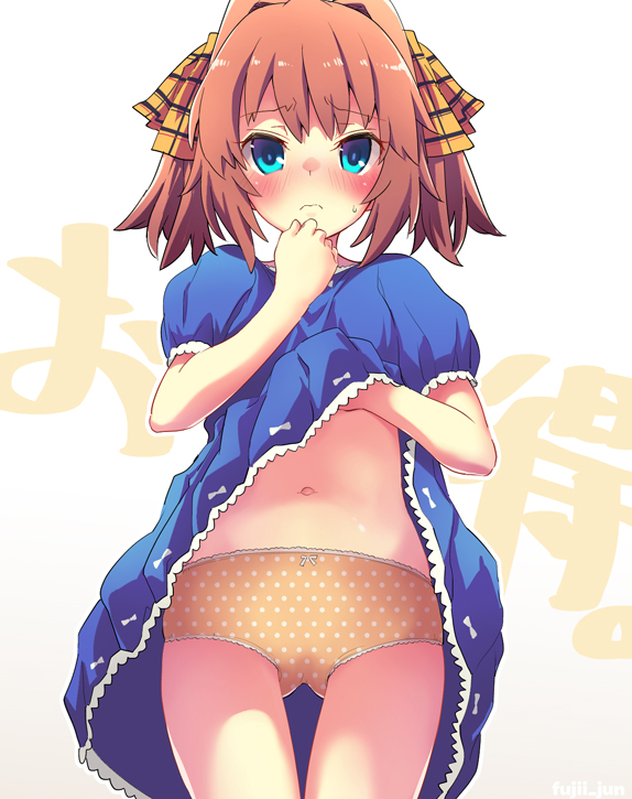1girl ass_visible_through_thighs bangs blue_dress blue_eyes blush bow brown_hair closed_mouth clothes_lift commentary_request dress dress_lift eyebrows_visible_through_hair fujii_jun hachijou_(kancolle) hair_ribbon kantai_collection looking_at_viewer navel panties polka_dot polka_dot_panties puffy_short_sleeves puffy_sleeves ribbon short_hair short_sleeves simple_background solo standing thigh_gap twintails underwear white_background yellow_panties yellow_ribbon
