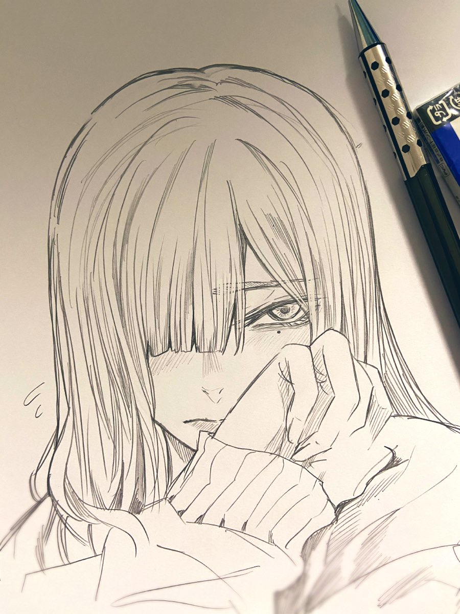 1girl blush closed_mouth flying_sweatdrops graphite_(medium) hair_over_one_eye hand_up highres hoshi_san_3 long_hair looking_at_viewer mole mole_under_eye one_eye_covered original photo_(medium) solo sweater traditional_media