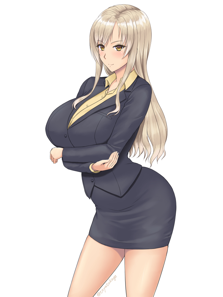 1girl artist_name bangs black_jacket black_skirt blonde_hair blush breast_hold breasts closed_mouth commentary_request cowboy_shot crossed_arms jacket large_breasts long_hair long_sleeves looking_at_viewer office_lady original parted_bangs pencil_skirt skirt smile solo toyatokage yellow_eyes
