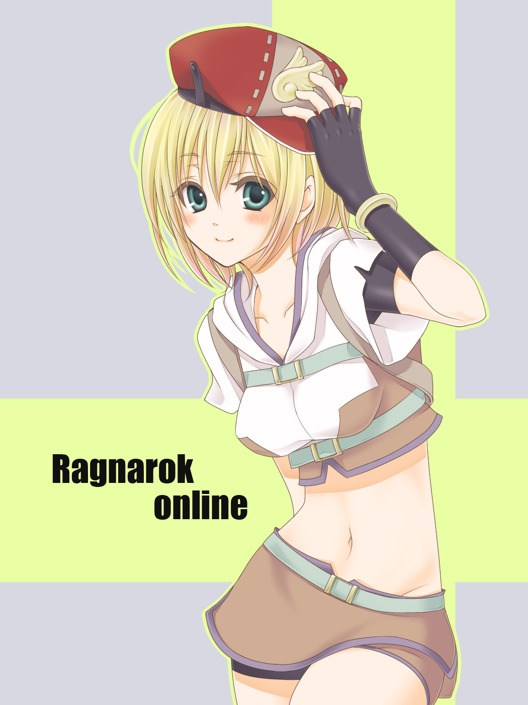 1girl bangs black_gloves blush brown_shirt brown_shorts brown_skirt chest_belt closed_mouth commentary_request contrapposto copyright_name cowboy_shot crop_top eyebrows_visible_through_hair fingerless_gloves gloves green_background green_belt grey_background hair_between_eyes hat highres hunter_(ragnarok_online) looking_at_viewer medium_hair midriff miniskirt navel nia_(littlestars) ragnarok_online red_headwear shirt short_shorts short_sleeves shorts shorts_under_skirt skirt smile solo two-tone_background two-tone_shirt white_shirt