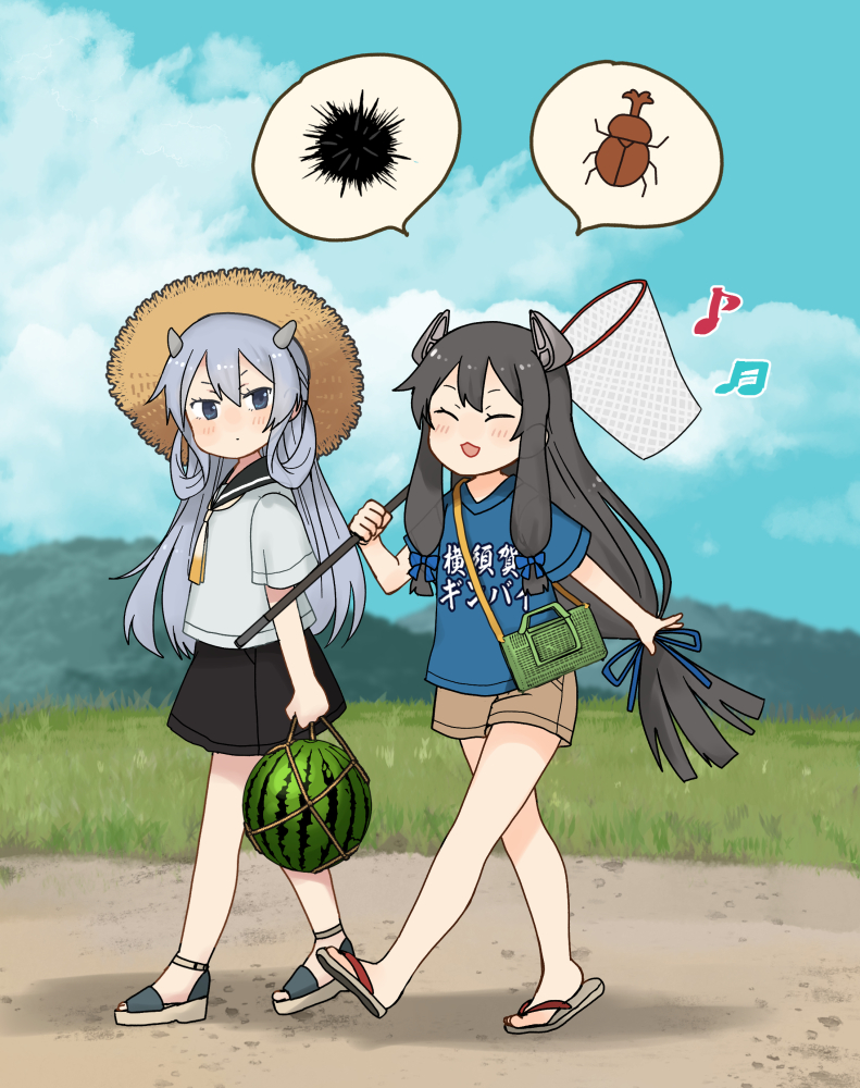2girls annin_musou barefoot beamed_sixteenth_notes black_hair black_sailor_collar black_skirt blue_eyes blue_ribbon blue_shirt blush brown_shorts butterfly_net closed_eyes clothes_writing day eighth_note food fruit hair_between_eyes hair_ribbon hand_net hat headgear holding holding_butterfly_net i-203_(kancolle) i-47_(kancolle) insect_cage kantai_collection long_hair low-tied_long_hair multiple_girls musical_note neckerchief open_mouth ribbon sailor_collar sandals shirt short_sleeves shorts sidelocks silver_hair skirt smile sun_hat tress_ribbon watermelon yellow_neckwear