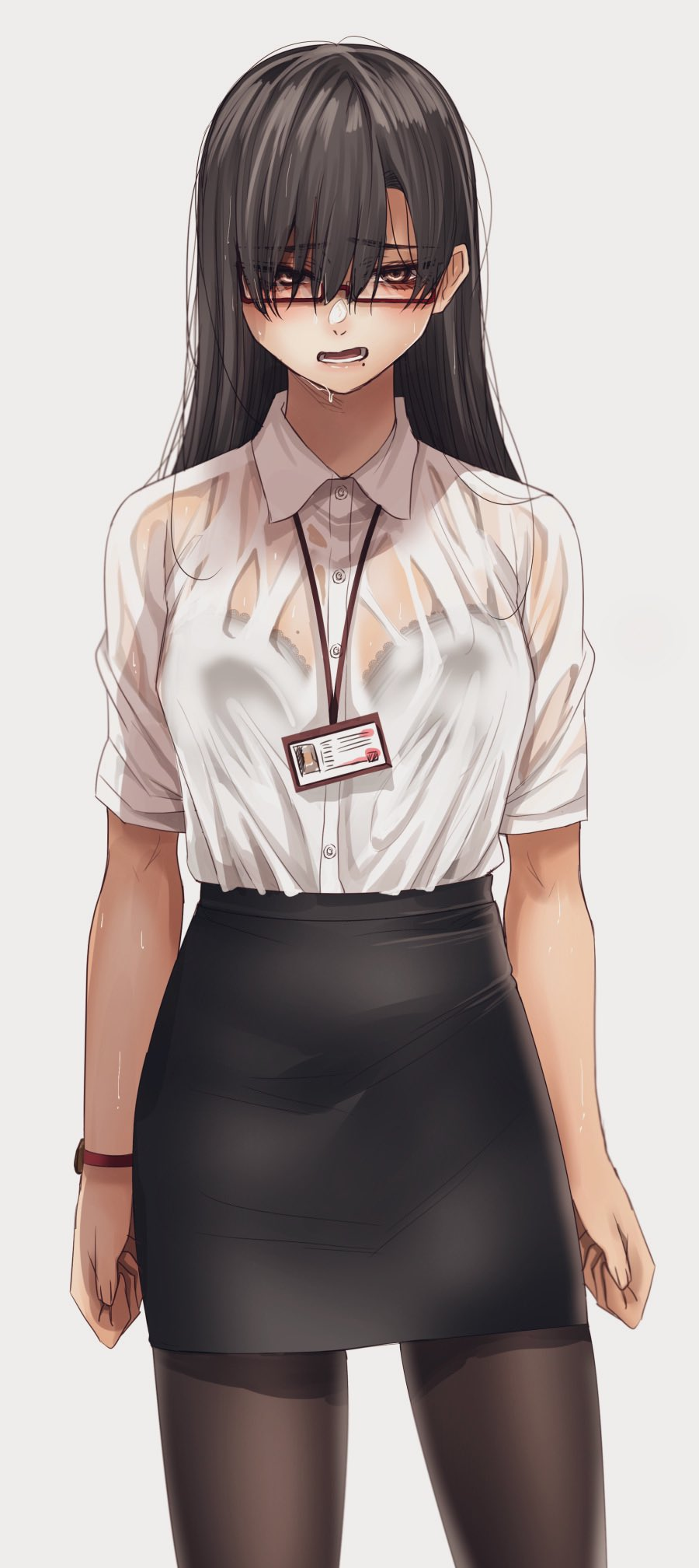 1girl black_hair black_skirt bra bra_through_clothes breasts brown_eyes brown_legwear collared_shirt contrapposto frilled_bra frills glasses highres hoshi_san_3 id_card jimiko lanyard long_hair looking_at_viewer miniskirt mole mole_on_breast mole_under_mouth office_lady open_mouth original pantyhose pencil_skirt red-framed_eyewear see-through_shirt semi-rimless_eyewear shirt simple_background skirt solo standing under-rim_eyewear underwear watch watch wet wet_clothes wet_shirt white_background white_shirt wing_collar