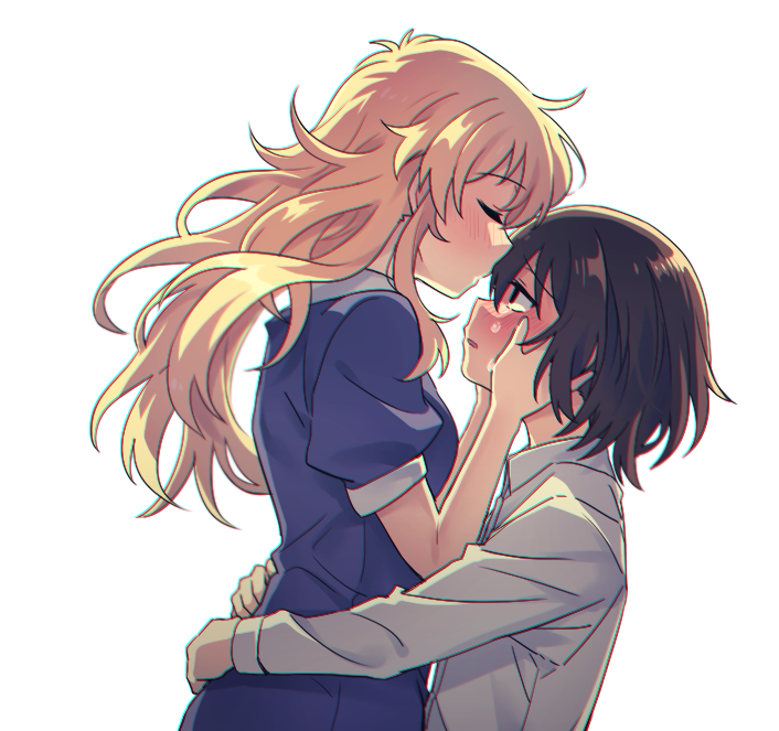 2girls arms_around_waist blonde_hair blush brown_hair closed_eyes commentary dress dress_shirt eyebrows_visible_through_hair hands_on_another's_face hands_on_another's_waist imminent_kiss long_hair maribel_hearn multiple_girls open_mouth purple_dress re_ghotion shirt short_hair sweat touhou usami_renko white_shirt yuri