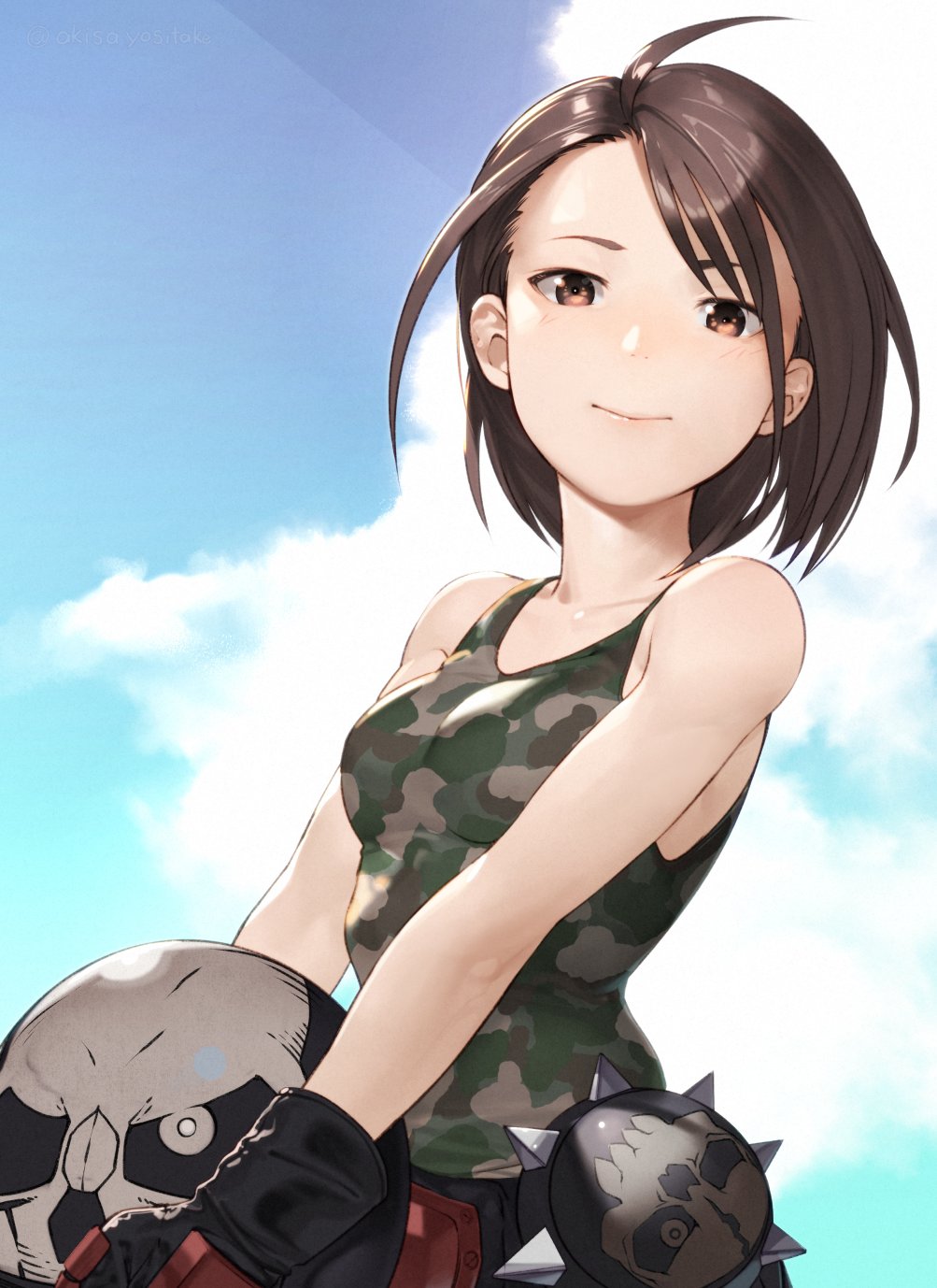 1girl akisa_(12023648) brown_eyes brown_hair camouflage_tank_top helmet highres holding holding_helmet kazama_akira looking_at_viewer motorcycle_helmet rival_schools skull sky solo street_fighter street_fighter_v tank_top