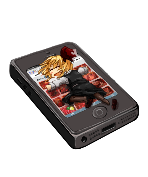 1girl awa_(bihidasu) black_legwear black_skirt blonde_hair cellphone closed_eyes food from_behind full_body google happy loafers lying meat on_stomach open_mouth phone rumia saliva shoes short_hair single_shoe skirt smartphone solo touhou