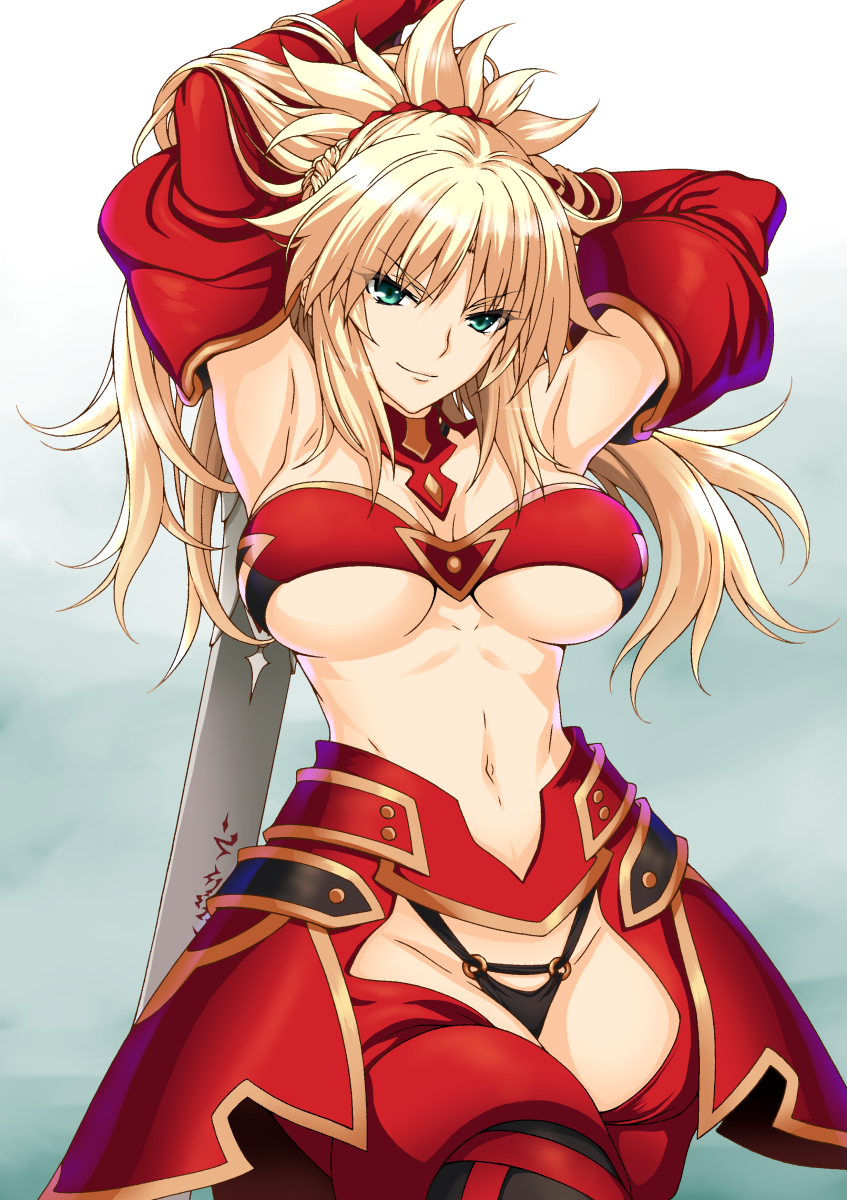 armor armpits bandeau blonde_hair braid breasts fate/grand_order fate_(series) faulds french_braid green_eyes hair_ornament hair_scrunchie highres holding holding_sword holding_weapon isse large_breasts mordred_(fate) navel red_legwear red_scrunchie scrunchie shrug_(clothing) sword thigh-highs thong under_boob underwear weapon