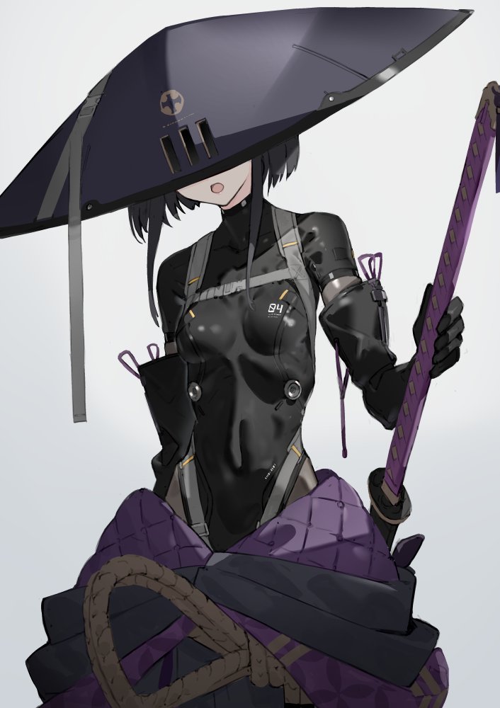 1girl armor bangs black_hair bodysuit breasts covered_eyes elbow_gloves falslander gloves helmet japanese_armor kabuto katana medium_hair neco open_mouth rope samurai small_breasts solo standing sword weapon