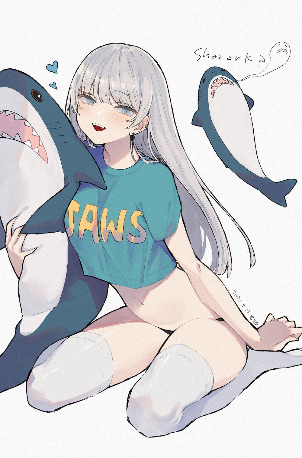 1girl :d black_panties blue_eyes blue_shirt breasts clothes_writing crop_top crop_top_overhang earrings fang grey_hair highres jewelry long_hair looking_at_viewer mimelond navel no_pants no_shoes open_mouth original panties seiza shirt short_sleeves simple_background sitting small_breasts smile solo stomach stuffed_animal stuffed_shark stuffed_toy thigh-highs thighs underwear white_background white_legwear
