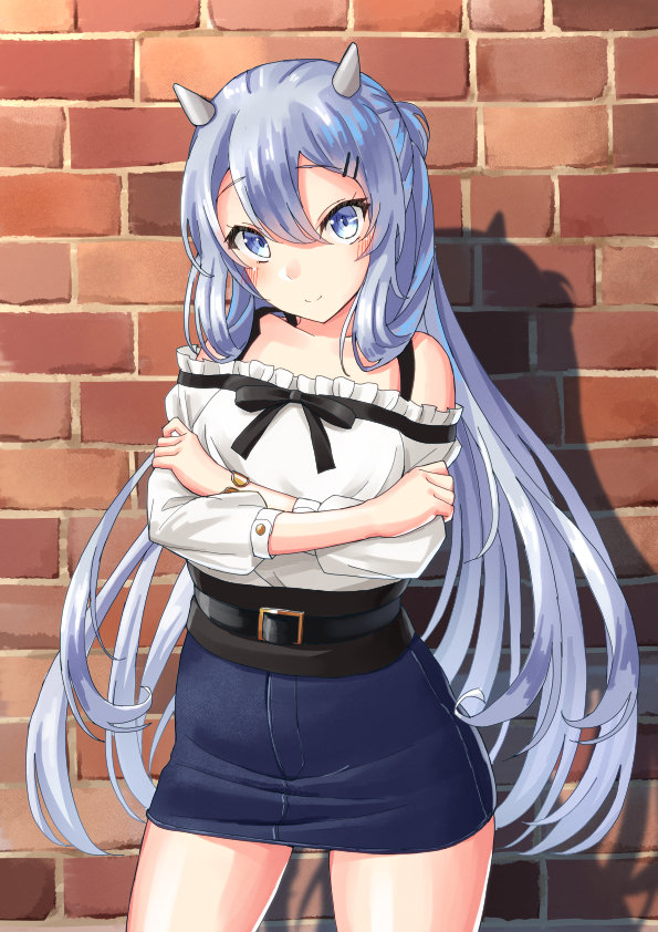 1girl black_skirt blouse brick_wall commentary_request contrapposto cowboy_shot crossed_arms denim denim_skirt headgear horned_headwear i-203_(kancolle) kantai_collection light_blue_eyes light_blue_hair long_hair looking_at_viewer mayura2002 official_alternate_costume sidelocks skirt solo standing white_blouse