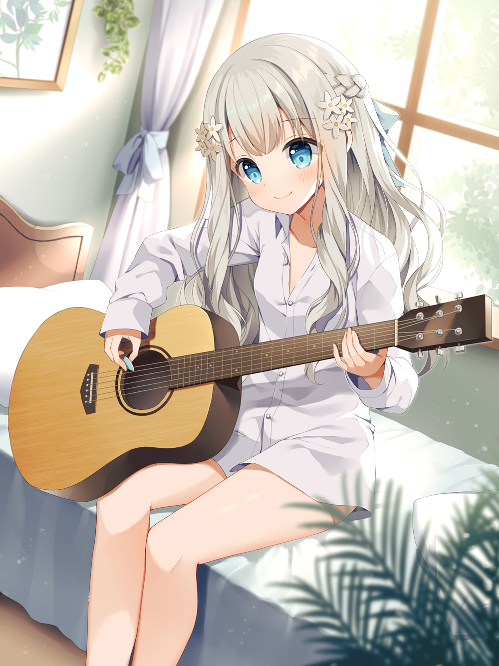 1girl bangs blue_bow blue_eyes blush bow braid closed_mouth collarbone collared_shirt commentary_request commission curtains day dress_shirt eyebrows_visible_through_hair feet_out_of_frame flower grey_hair guitar hair_bow hair_flower hair_ornament highres holding holding_instrument indoors instrument long_hair long_sleeves mauve naked_shirt on_bed original pillow pixiv_request plectrum shirt sitting sitting_on_bed sleeves_past_wrists smile solo very_long_hair white_flower white_shirt window
