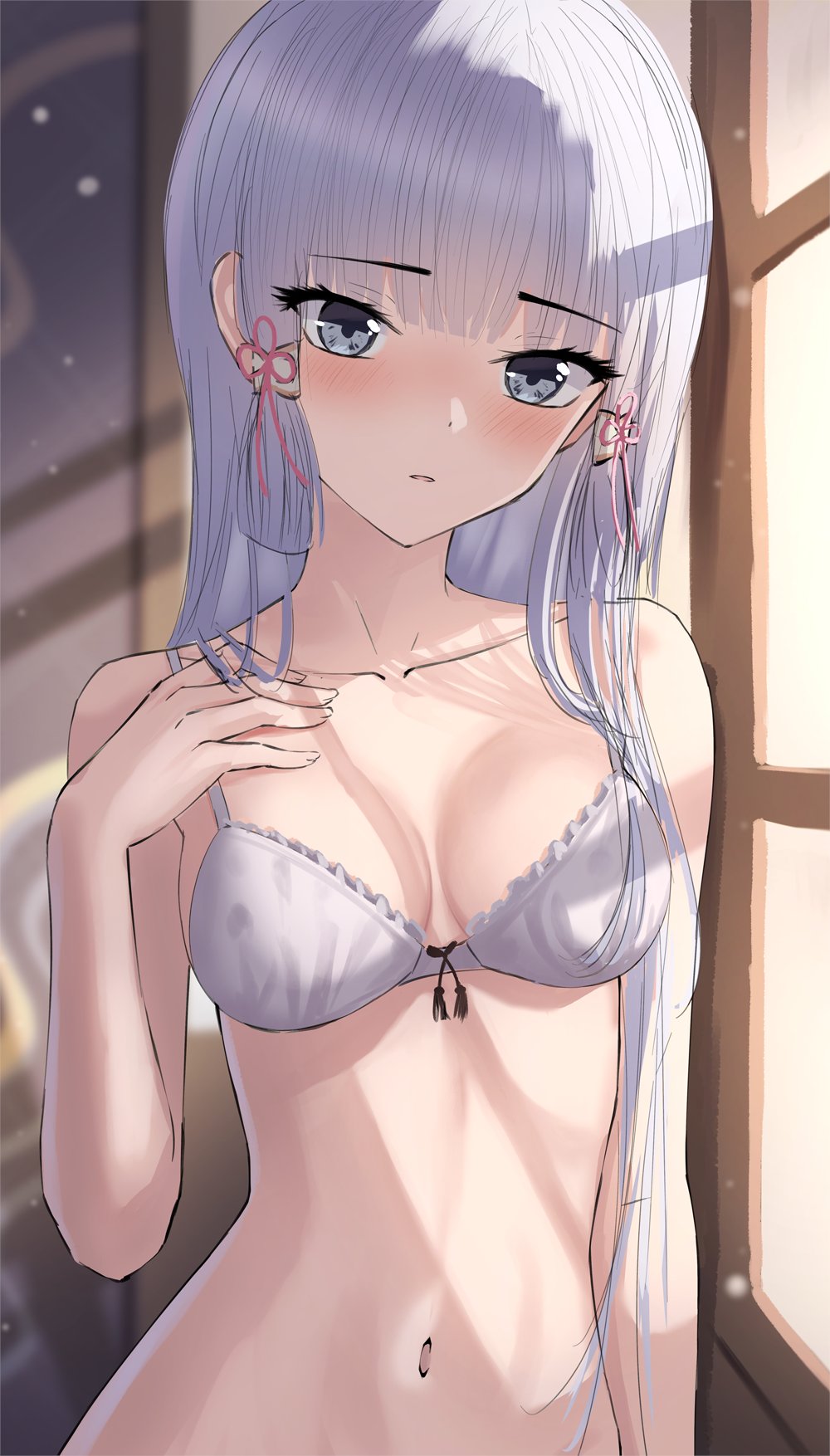 1girl bangs bare_arms bare_shoulders blue_eyes blunt_bangs bra breasts collarbone flower_knot genshin_impact hair_ribbon hand_up highres kamisato_ayaka long_hair looking_at_viewer marinesnow medium_breasts navel parted_lips ribbon solo stomach tress_ribbon underwear upper_body white_bra white_hair window_shade