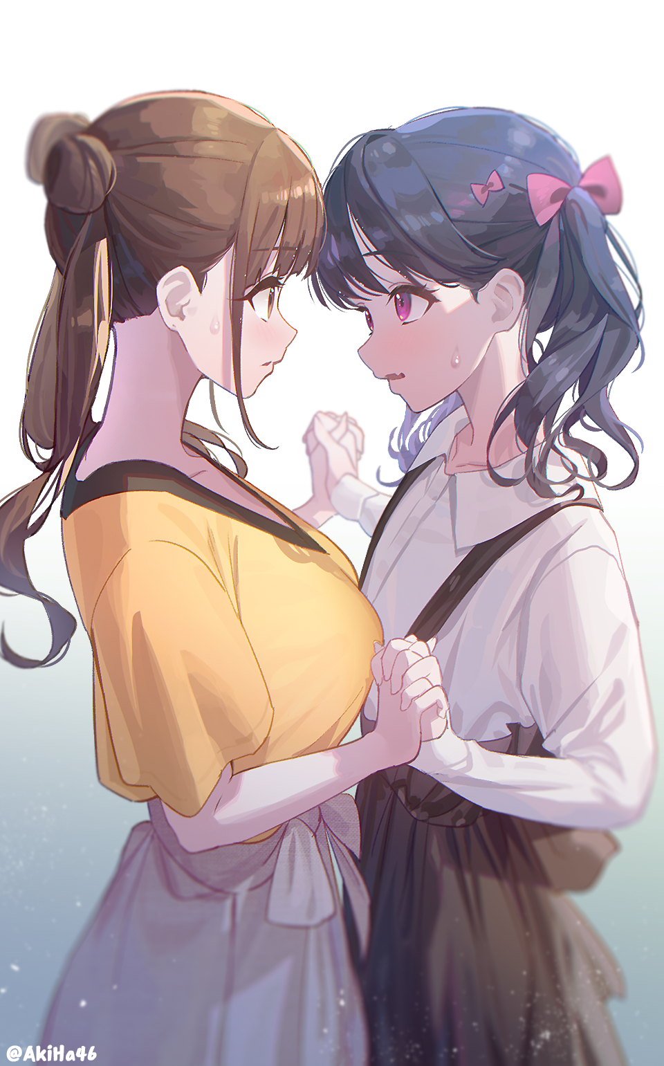 2girls bangs black_hair black_skirt bow breasts brown_eyes brown_hair collared_shirt commentary_request cowboy_shot double_bun eyebrows_visible_through_hair from_side fukumaru_koito hair_bow hands_up highres holding_hands idolmaster idolmaster_shiny_colors kuri_choko large_breasts long_hair long_sleeves looking_at_another multiple_girls parted_lips pink_bow shirt short_sleeves sidelocks simple_background skirt sonoda_chiyoko suspender_skirt suspenders sweatdrop twintails twitter_username violet_eyes white_shirt white_skirt yellow_shirt