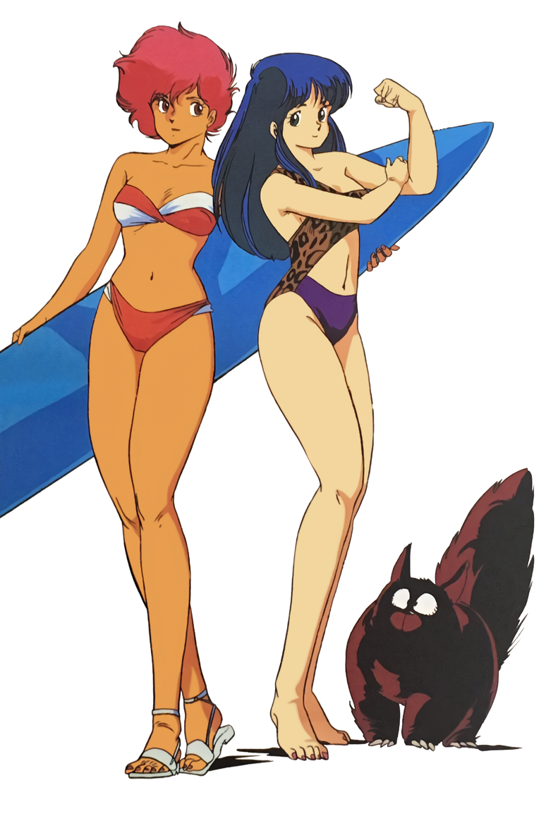 1980s_(style) 2girls animal_print barefoot bikini blue_eyes blue_hair casual_one-piece_swimsuit dark-skinned_female dark_skin dirty_pair headband holding holding_surfboard kei_(dirty_pair) leopard_print long_hair mughi multiple_girls navel official_art one-piece_swimsuit red_eyes redhead retro_artstyle sandals short_hair simple_background smile standing strapless strapless_bikini strappy_heels surfboard swimsuit white_background yuri_(dirty_pair)