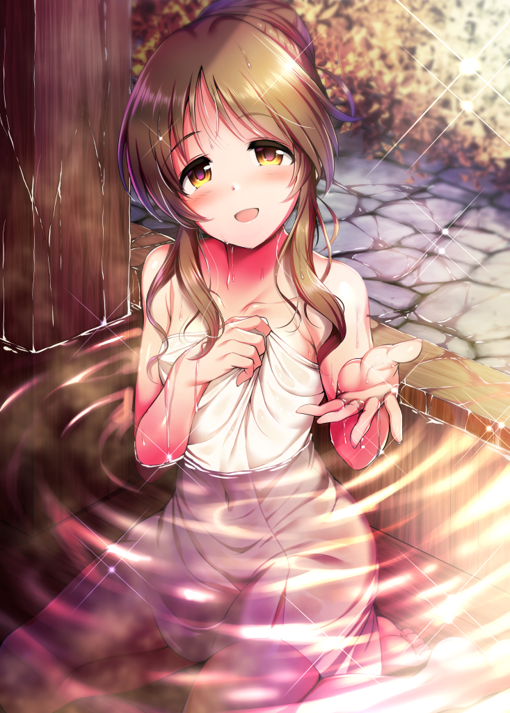 1girl bare_shoulders blush brown_hair flat_chest hair_bun idolmaster idolmaster_cinderella_girls long_hair looking_at_viewer ment naked_towel onsen open_mouth partially_submerged ripples solo sparkle takamori_aiko towel wet wet_hair