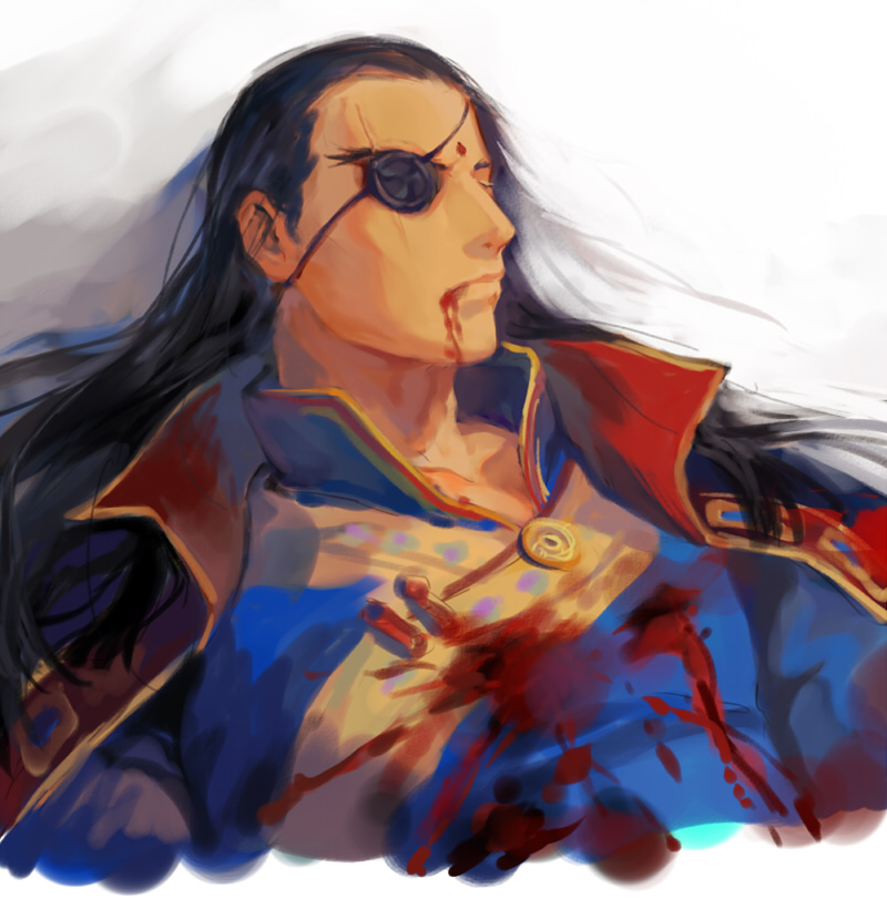 1boy black_hair blood blood_from_mouth blood_on_clothes blue_coat blue_shirt changye closed_eyes closed_mouth coat coat_on_shoulders collarbone commentary corpse cropped_torso death dhurke_sahdmadhi eyepatch facial_mark forehead forehead_mark from_above gyakuten_saiban gyakuten_saiban_6 high_collar long_hair lying male_focus on_back scar scar_across_eye scar_on_face shirt simple_background sketch solo spoilers stab two-sided_coat upper_body white_background
