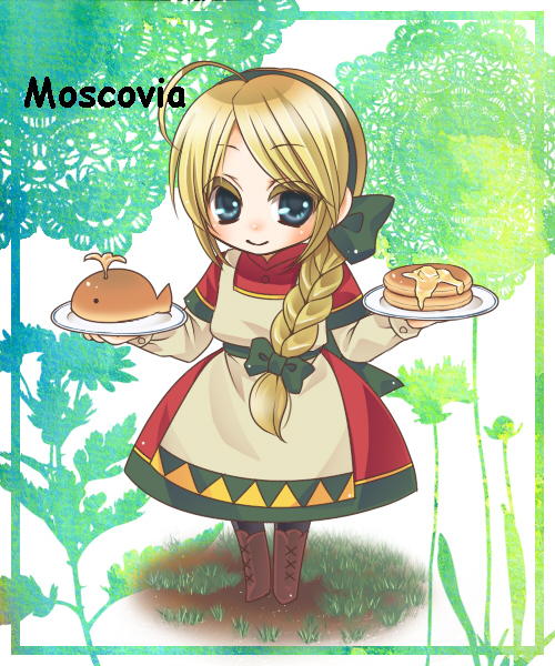 1girl apron bangs blonde_hair blouse blush boots braid brown_footwear closed_mouth comic_sans commentary_request dress eyebrows_visible_through_hair food full_body grass green_eyes green_hairband hair_between_eyes hairband holding holding_tray in-universe_location layered_sleeves long_hair long_sleeves looking_at_viewer nia_(littlestars) pancake personification ragnarok_online red_dress russian_clothes short_over_long_sleeves short_sleeves side_braid single_braid smile solo standing swept_bangs tray white_apron white_blouse