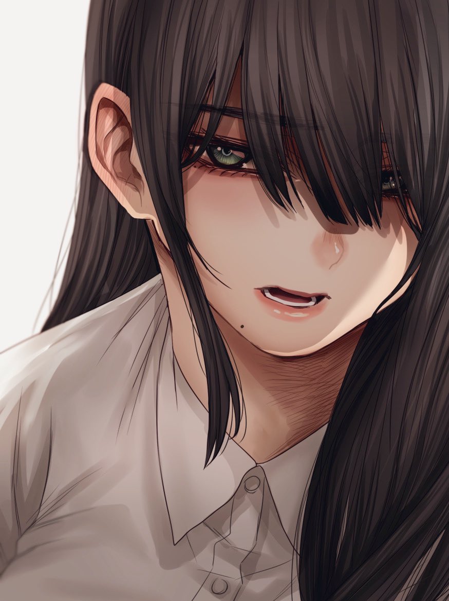 1girl brown_hair close-up collared_shirt green_eyes hair_between_eyes hair_over_eyes hoshi_san_3 long_hair looking_at_viewer mole mole_under_mouth office_lady open_mouth original shirt solo upper_body white_shirt wing_collar