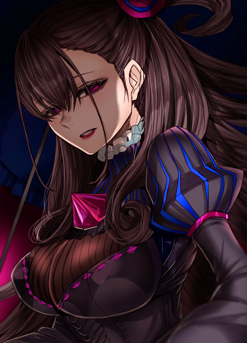 1girl big_hair black_dress breasts brooch brown_hair character_request dark dress fate/grand_order fate_(series) half-closed_eyes highres hoshi_san_3 jewelry juliet_sleeves large_breasts lipstick long_hair long_sleeves looking_at_viewer makeup one_side_up parted_lips puffy_sleeves red_lips smile solo upper_body violet_eyes