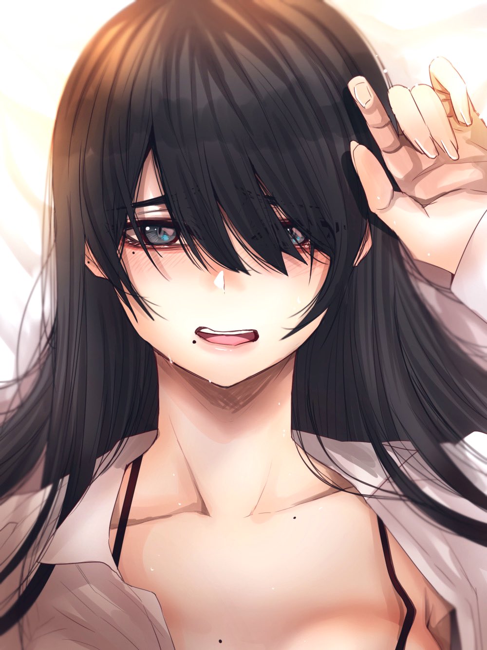 1girl black_hair blue_eyes blush bra_strap breasts earrings embarrassed fingernails hair_between_eyes hair_over_eyes hand_up highres hoshi_san_3 jewelry long_hair long_sleeves looking_at_viewer lying medium_breasts mole mole_on_breast mole_under_eye mole_under_mouth on_back on_bed open_clothes open_mouth open_shirt original out-of-frame_censoring shirt solo strap_gap upper_body white_shirt