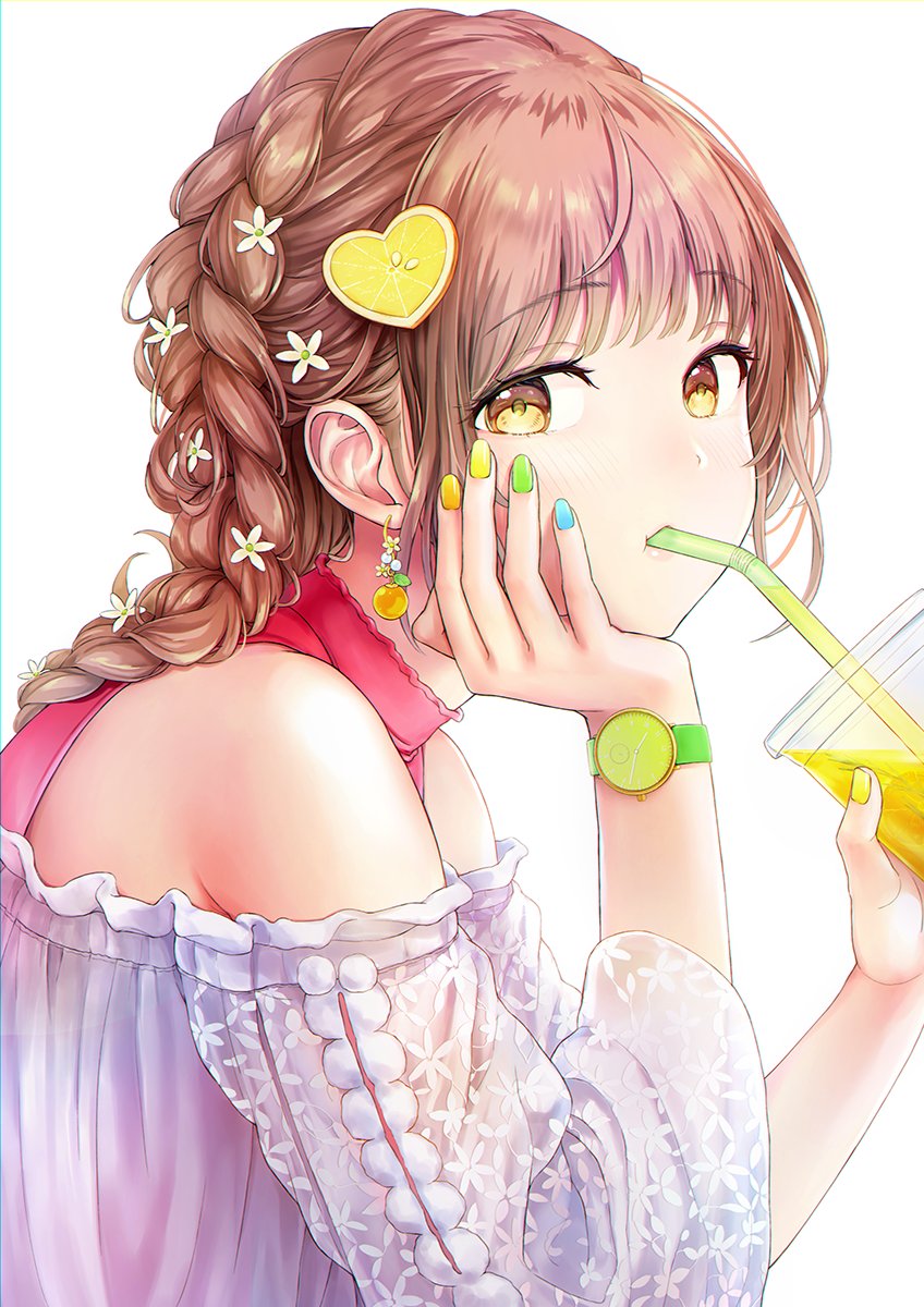 1girl bangs braid braided_ponytail brown_eyes brown_hair cup dress drinking_straw earrings eyebrows_visible_through_hair fingernails flower hair_flower hair_ornament hand_on_own_cheek hand_on_own_face hand_up highres holding holding_cup jewelry looking_at_viewer mouth_hold multicolored multicolored_nails nail_polish off-shoulder_dress off_shoulder original simple_background solo symbol-only_commentary tokeshi upper_body watch watch white_background
