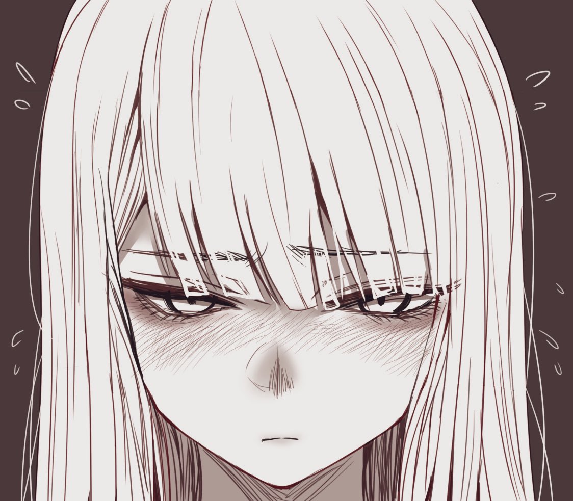 1girl bangs blunt_bangs blush brown_background brown_theme close-up closed_mouth eyebrows_visible_through_hair flying_sweatdrops hoshi_san_3 looking_at_viewer monochrome original portrait scary_eyes_girl_(hoshi_san_3) simple_background solo upper_body