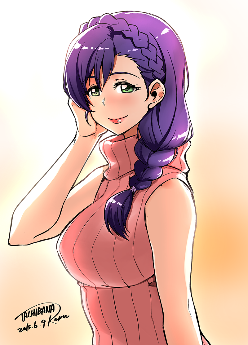 1girl blush braid closed_mouth crown_braid dated green_eyes hair_over_shoulder hand_up lipstick looking_at_viewer makeup orange_background purple_hair red_lips signature smile solo tachibana_roku toujou_nozomi