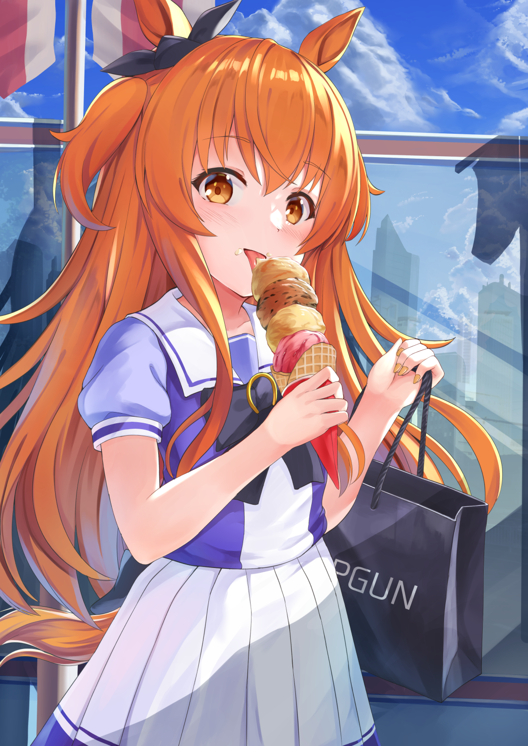 1girl akabane_hibame animal_ears bag blush day eyebrows_visible_through_hair fingernails food food_on_face hair_between_eyes highres holding holding_bag holding_food horse_ears horse_girl horse_tail ice_cream long_hair mayano_top_gun_(umamusume) nail_polish orange_eyes orange_hair orange_nails paper_bag pleated_skirt school_uniform short_sleeves skirt solo tail tongue tongue_out tracen_school_uniform twintails two_side_up umamusume upper_body white_skirt window